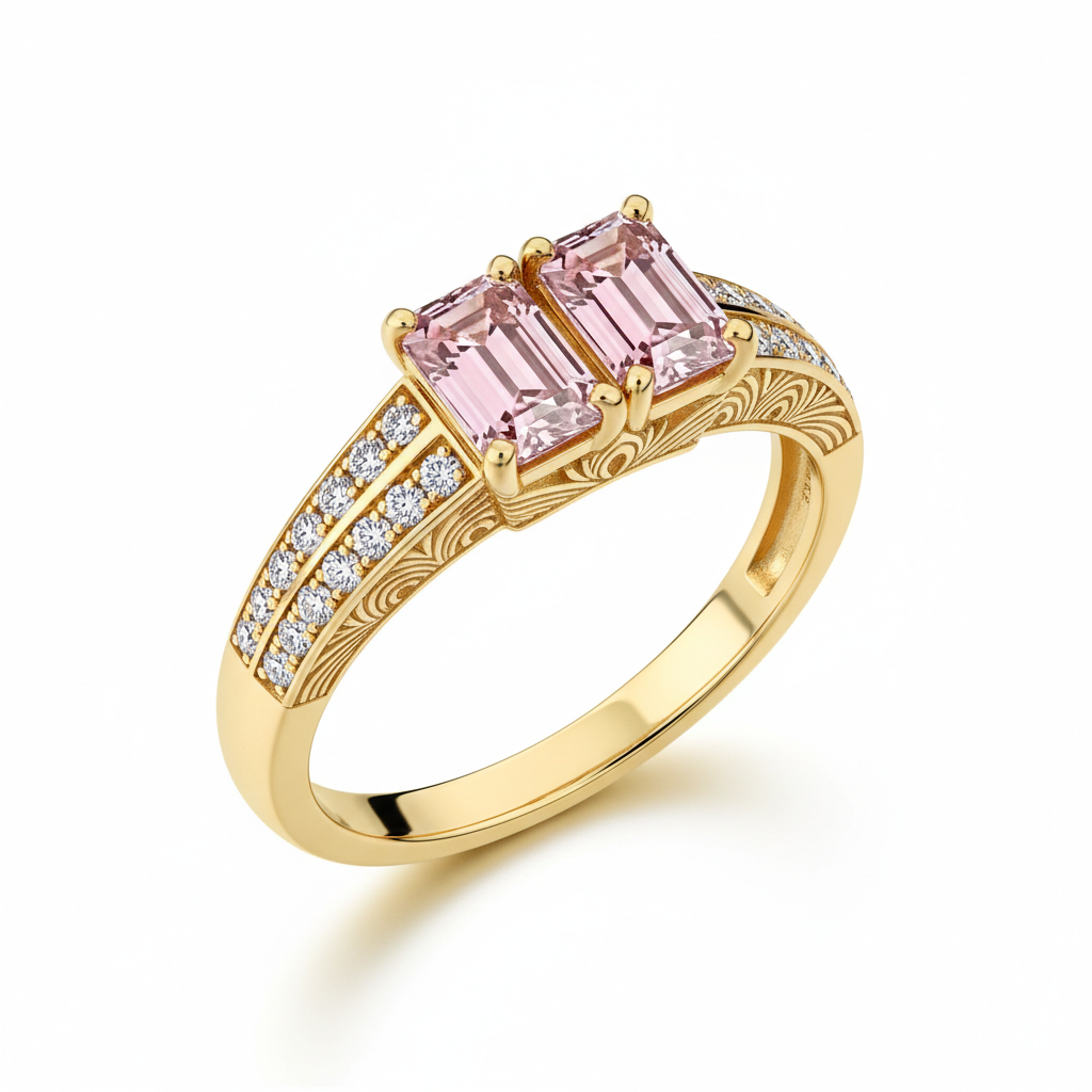 The 'Whispering Plume' Toi et Moi Pink Emerald Cut Ring