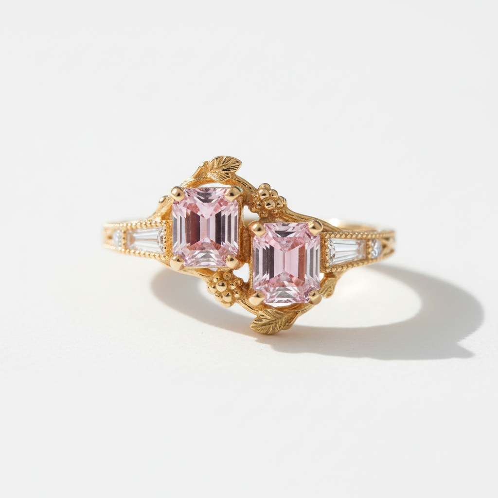 The 'Vineyard Embrace' Toi et Moi Ring: Pink Emerald & Antique Cushion with Milgrain