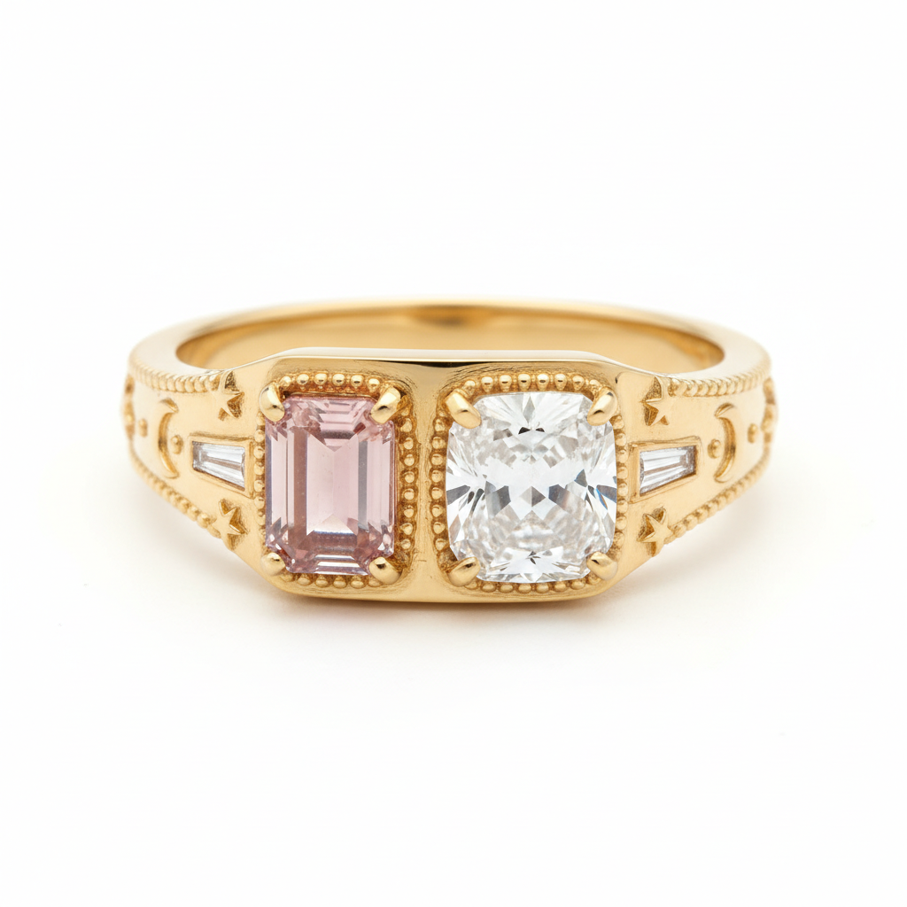 Cosmic Union Toi et Moi Signet Ring – Pink Emerald & Cushion Lab Diamond with Vintage Milgrain