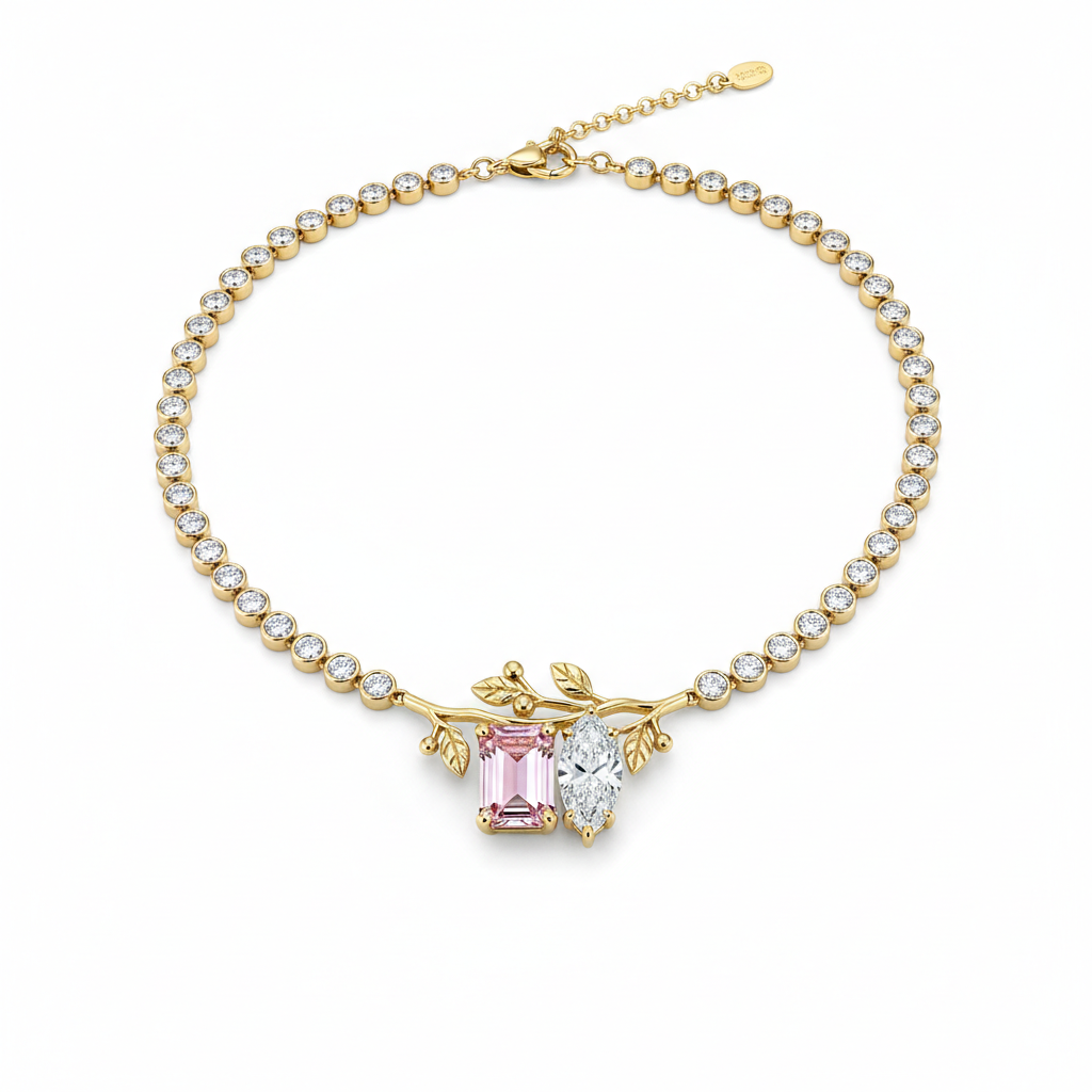 Orchard Bloom Toi et Moi Pink Emerald & Marquise Diamond Bezel Tennis Necklace
