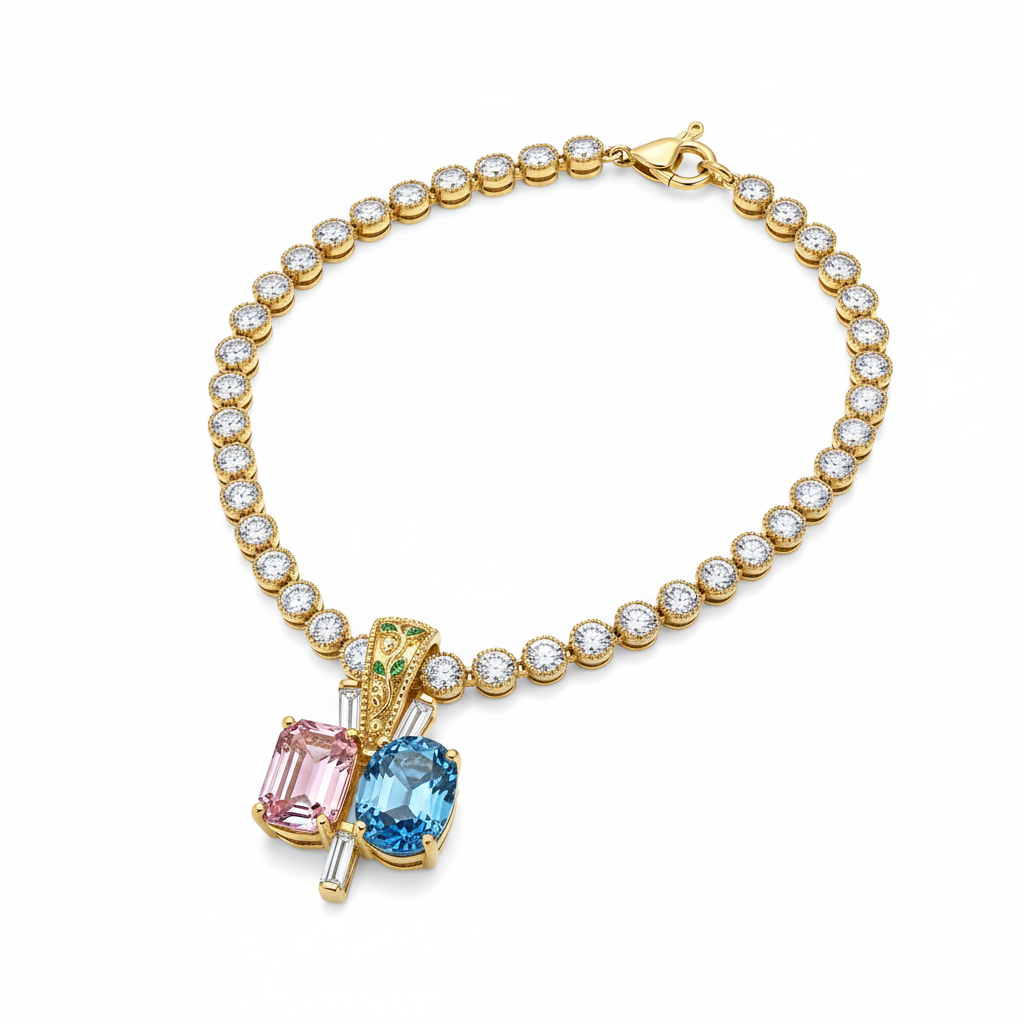 Verdant Vine Toi et Moi Pink Emerald & Blue Oval Diamond Bezel Tennis Necklace