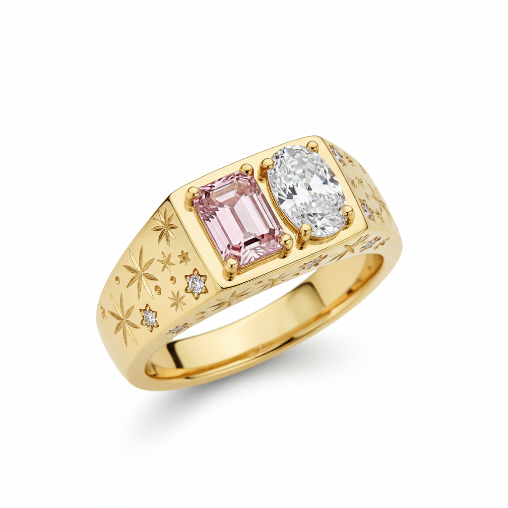 Celestial Embrace Toi et Moi Signet Ring – Pink Emerald & Oval Lab Diamond