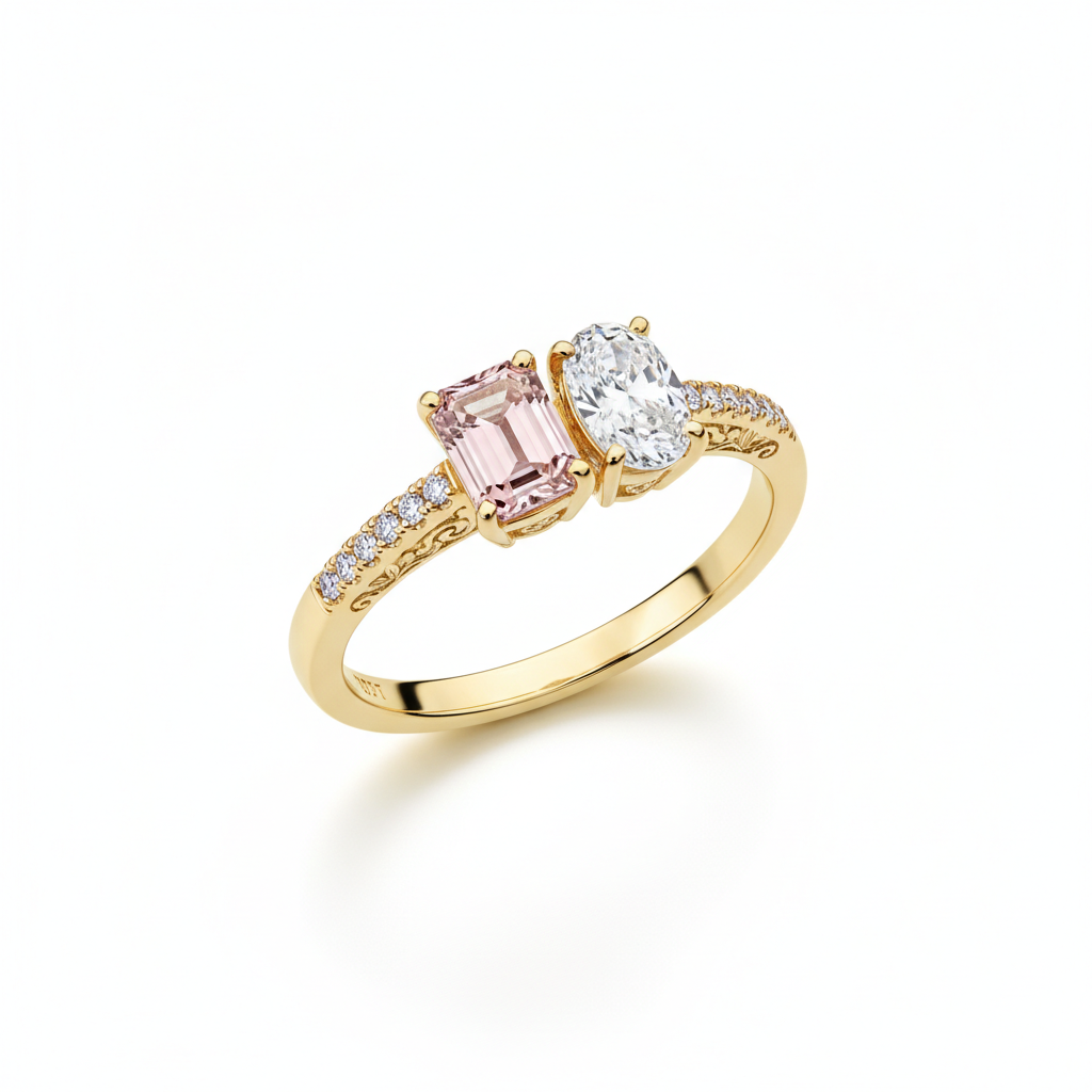 The 'Berry Kiss' Toi et Moi Ring: Pink Emerald & East-West Oval in Polished Gold