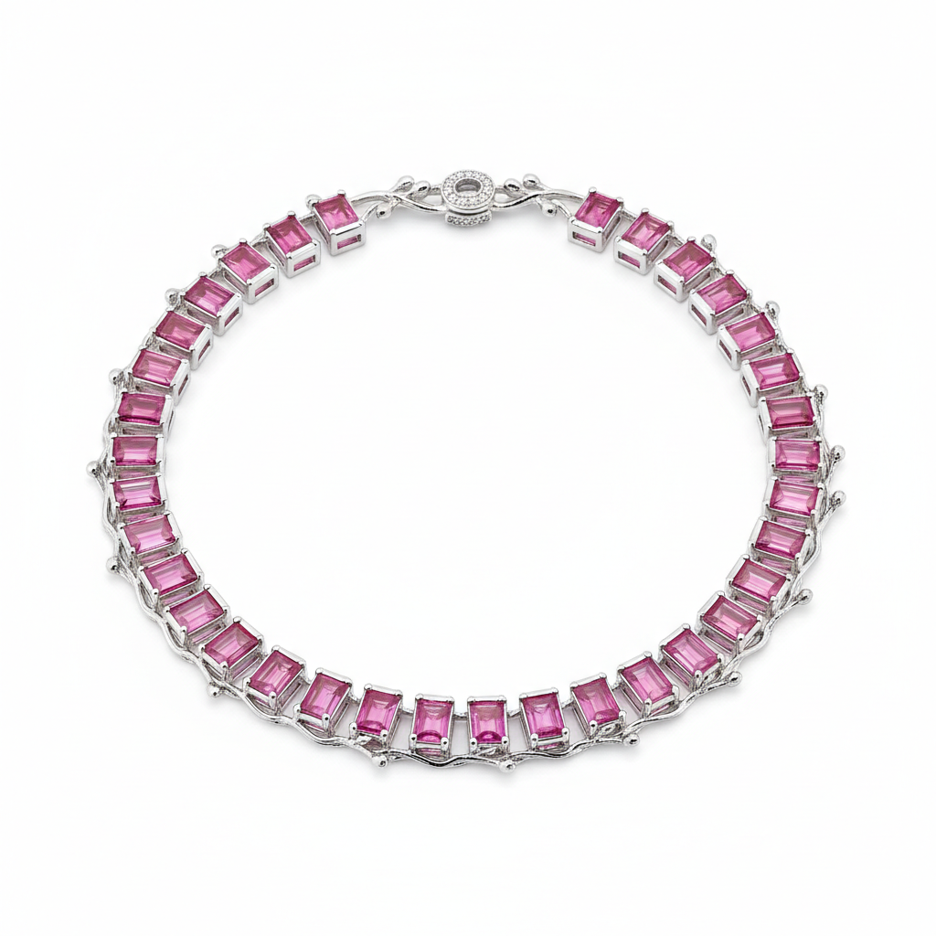 Berry Vine Emerald Cut Pink Diamond Tennis Necklace in Polished White Gold