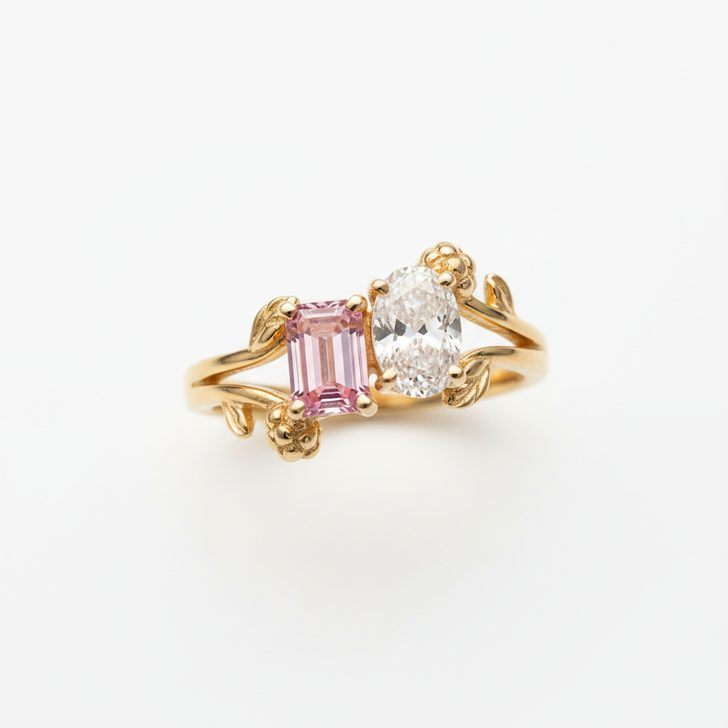The 'Orchard Bloom' Toi et Moi Ring: Pink Emerald & East-West Oval on Split Shank