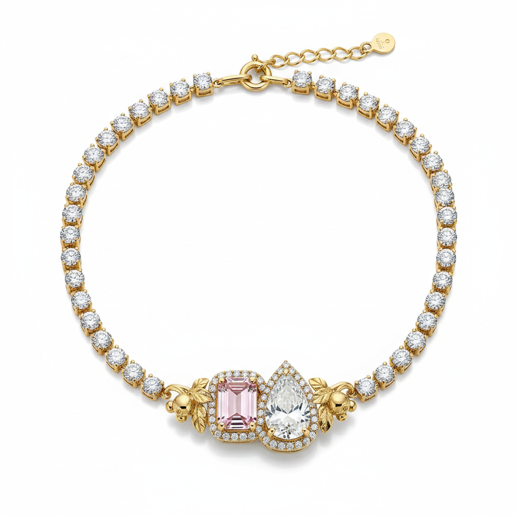 Whispering Berry Toi et Moi Pink Emerald & Pear Diamond Bezel Tennis Necklace